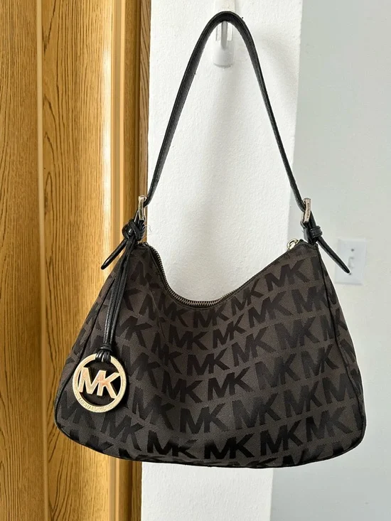 MICHAEL Michael Kors Brown/Black Signature Canvas Shoulder Bag MK Logo - Picture 2 of 8
